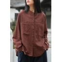 Leisure Womens Shirt Linen and Cotton Long Sleeve Button Up Loose Fit Solid Color Shirt Top