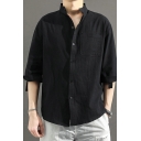 Unique Men's Shirt Solid Color Chest Pocket Button Closure Stand Collar Half Sleeve Regular Fitted Shirt