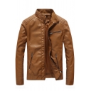 Trendy Men's Jacket PU Leather Solid Color Zip-down Long Sleeve Stand Collar Regular Fitted Leather Jacket