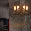 Brass Wagon Wheel Wall Light Retro Iron Restaurant Wall Lighting Fixture with Valve and Dangling Chain