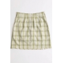 Fancy Women's Skirt Plaid Print Invisible Zip Slit Hem High Waist Mini Skirt