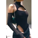 Unique Womens Bodysuit Plain Color Cut-out Detail Slim Mock Neck Long Sleeve Cold Shoulder Bottoming Bodysuit
