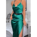 Novelty Womens Dress Plain Color Invisible Zipper Side Split Sleeveless Slim Fit Cowl Neck Midi Slip Dress