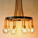 Iron Wire Cage Pendant Light Fixture Industrial Kitchen Chandelier with Rope and Ring Guard in Black