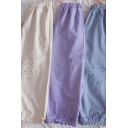 Youthful Women's Pants Bear Embroidered Elastic Waist Ruffle Hem High Rise Ankle Length Pants