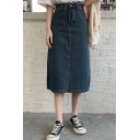 Fancy Women's Denim Skirt Faded Wash Zip Fly High Rise Slant Pocket Midi Straight Denim Skirt