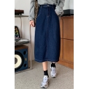 Fancy Women's Skirt Solid Color Faded Wash Slant Pocket High Waist Midi Straight Skirt