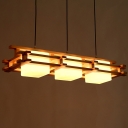 Japanese Style Cubic Island Light Milk Glass 3-Bulb Dining Room Drop Pendant in Wood
