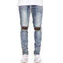 Chic Mens Jeans Washed Knee Holes Decorated Drawstring Pockets Zip Fly Regular Fit Mid-waisted Ankle Length Tapered Jeans