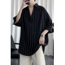 Stylish Mens Shirt Pinstripes Printed Dropped Shoulders Pullover 3/4 Sleeve Turn down Collar Relaxed Fitted Shirt