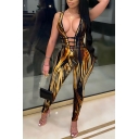 Popular Womens Jumpsuit Stripe Print Deep V-neck Criss Cross Ankle Length Skinny Jumpsuit in Yellow