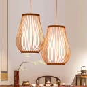 Pear Suspension Lighting Minimalist Bamboo 1 Head Wood Pendant Ceiling Light for Tea Room