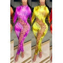 Fashion Womens Jumpsuit Tie Dye Print Hollow Out Long Sleeve Crew Neck Ankle Fitted Jumpsuit