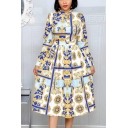 Girls Fashionable Dress Baroque Allover Print Long Sleeve Crew Neck Mid A-line Dress
