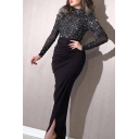 Fashionable Womens Dress Sequined Long Sleeve Mock Neck Ruched Long Fitted Dress