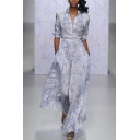 Stylish Girls Dress Roll Up Sleeve Flower Printed Spread Collar Long A-line Dress in White-gray