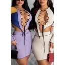 Womens Popular Co-ords Colorblock Ribbed Long Sleeve Round Neck Lace Up Front Irregular Hem Fit Crop Tee & Mini Sheath Skirt Set