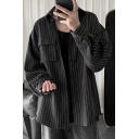 Mens Chic Shirt Stripe Printed Long Sleeve Spread Collar Button Up Flap Pocket Loose Fit Shirt Top