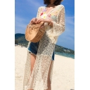 Unique Womens Beach Coat Hollowed out Lace Slit Detail Thin Open Front Mid-Length Long Flared Cuff Sleeve Sun-Proof Coat
