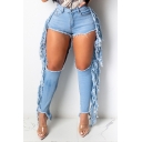 Womens Jeans Trendy Cut out Hole Side Fringe High Waist Ankle Length Skinny Fit Pencil Jeans