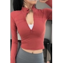Workout Womens T-Shirt Solid Color Thumb Holes 1/2 Zipper Stand Collar Cropped Skinny Fit Long Sleeve Yoga Tee Shirt