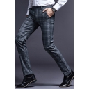 Fancy Men's Pants Plaid Pattern Mid Waist Zip Fly Long Straight Pants