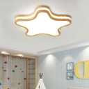 Cartoon Celestial Led Flush Mount Ceiling Light Wooden Childrens Bedroom Flush Mount Fixture