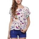 Fancy Ladies Tee Top Allover Bird Printed Batwing Sleeve Round Neck Loose Fit T Shirt
