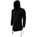 Mens Casual Solid Color Long Sleeve Zip Embellished Longline Asymmetric Hoodie