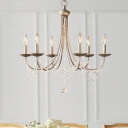 French Country Candlestick Hanging Light 6-Bulb Metal Chandelier with Crystal Strand for Dining Room