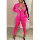 Womens Jumpsuit Trendy Plain Color Finger Holes Zipper Front Long Sleeve Stand Collar Skinny Fitted Jumpsuit