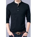 Mens Tee Shirt Simple 1/4 Button All-Match Slim Fit Stand Collar Long Sleeve T-Shirt