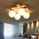 Puzzle Design Wood Flush Light Modern 4-Head Flush Mount Ceiling Fixture with Ball White Glass Shade