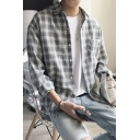 Trendy Guys Shirt Plaid Printed Long Sleeve Spread Collar Button Up Relaxed Fit Shirt Top