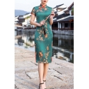 Womens Dress Vintage Flower Print Side Split Knee-Length Mandarin Collar Short Sleeve Cheongsam Dress