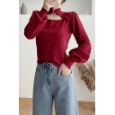 Womens Sweater Vintage Plain Color Cut-out Front Mandarin Collar Regular Fit Long Puff Sleeve Sweater