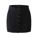 Fancy Women's Skirt Solid Color Button Detail Fully Lined Frayed Hem Front Pocket High Waist Mini Skirt