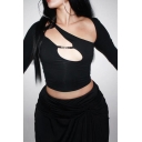 Chic Womens T-Shirt Plain Color Cut out Design Slim Asymmetrical Neck Long Sleeve Cropped T-Shirt