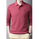 Fancy Men's Polo Shirt Icon Embroidered Button Detail Spread Collar Long Sleeve Regular Fitted Polo Shirt