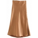 Stylish Womens Skirt Satin Solid Color High Rise Button Side Long A-line Skirt