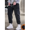 Cozy Men's Pants Solid Color Flap Pocket Fleece Lined Drawstring Waist Banded Cuffs Ankle Length Pants