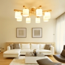 Wooden Radial Semi Flush Mount Chandelier Nordic Style Ceiling Light with Cylinder Milk Glass Shade