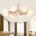 Nordic Chandelier Lighting Wood Branch Hanging Ceiling Light with Milk Glass Shade and Bird Deco