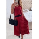 Trendy Women's A-Line Dress Solid Color V Neck Sleeveless Pleated Detail Midi A-Line Dress