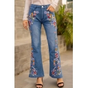 Womens Blue Jeans Casual Flower Embroidery Frayed Cuffs Low Waist Zipper Fly Regular Fit Long Flare Jeans