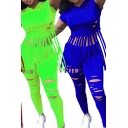 Simple Girls Set Solid Color Short Sleeve Ripped Fringe Fit Crop Hoodie & Pants Set