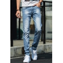 Men's Basic Fashion Light Blue Denim Washed Slim Fit Trendy Ripped Jeans