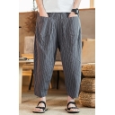 Fancy Men's Pants Stripe Pattern Drawstring Waist Slit Pocket Ankle Length Tapered Pants