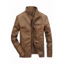 Casual Men's Jacket PU Leather Solid Color Zip Placket Stand Collar Long Sleeve Regular Fitted Leather Jacket