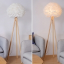 Wooden Tripod Standing Lamp Nordic 1 Head Floor Light with Feather Shade in White